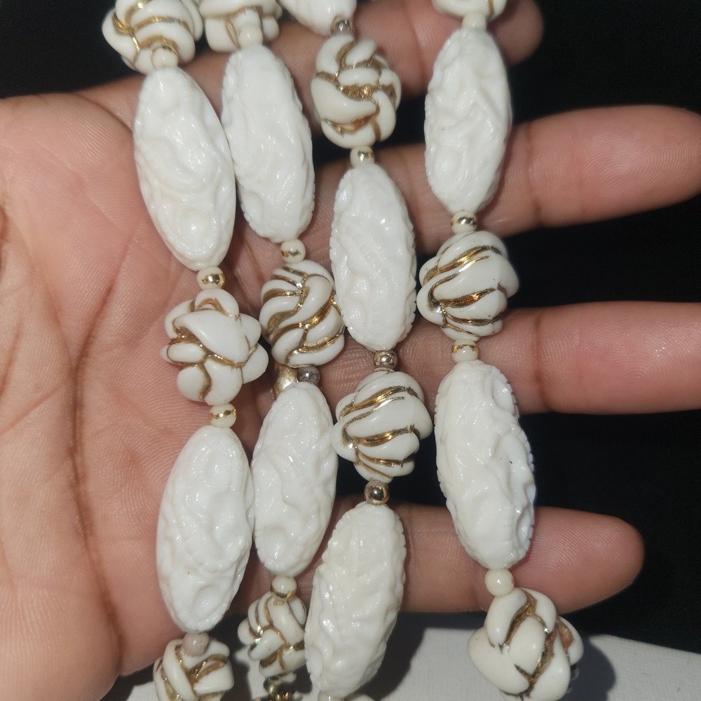 Vintage White Carved Resin Bead Necklace Gold Swirl Accents 26 Inch Barrel Clasp
